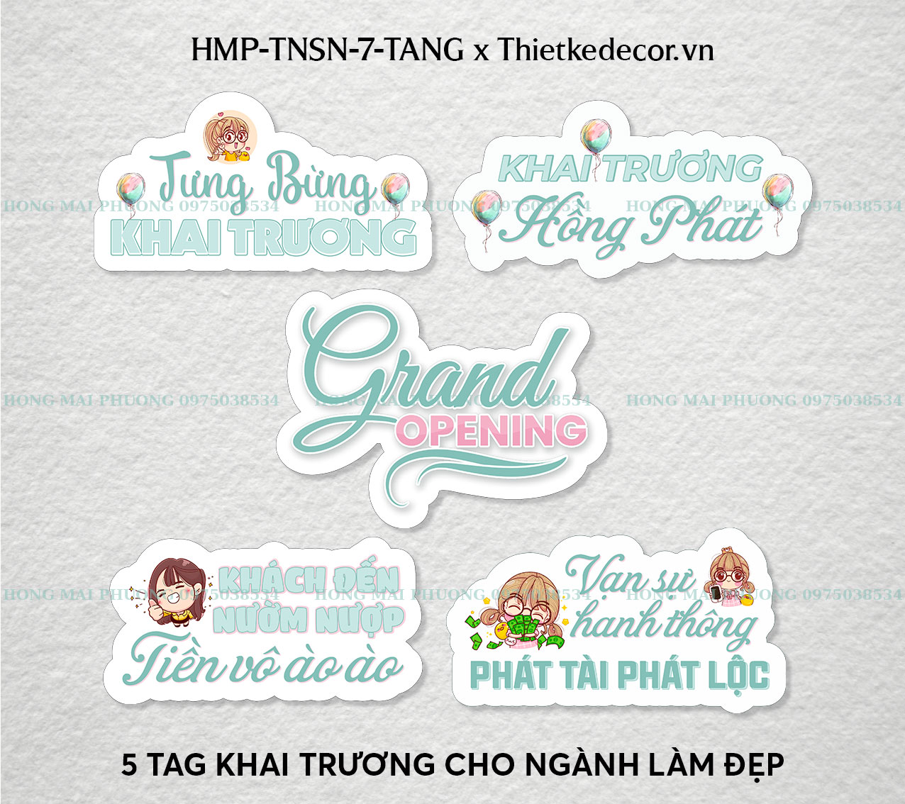 Set tặng 5 tag khai trương cho ngành làm đẹp tone xanh mint